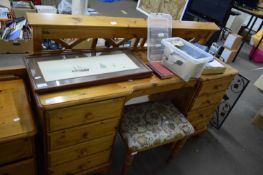 MODERN PINE TWIN PEDESTAL DRESSING TABLE WITH STOOL AND A PINE HEADABOARD (3)