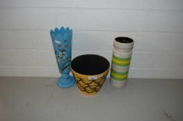 MIXED LOT: WEST GERMAN POTTERY VASE, JARDINIERE AND A BLUE OPAQUE GLASS VASE