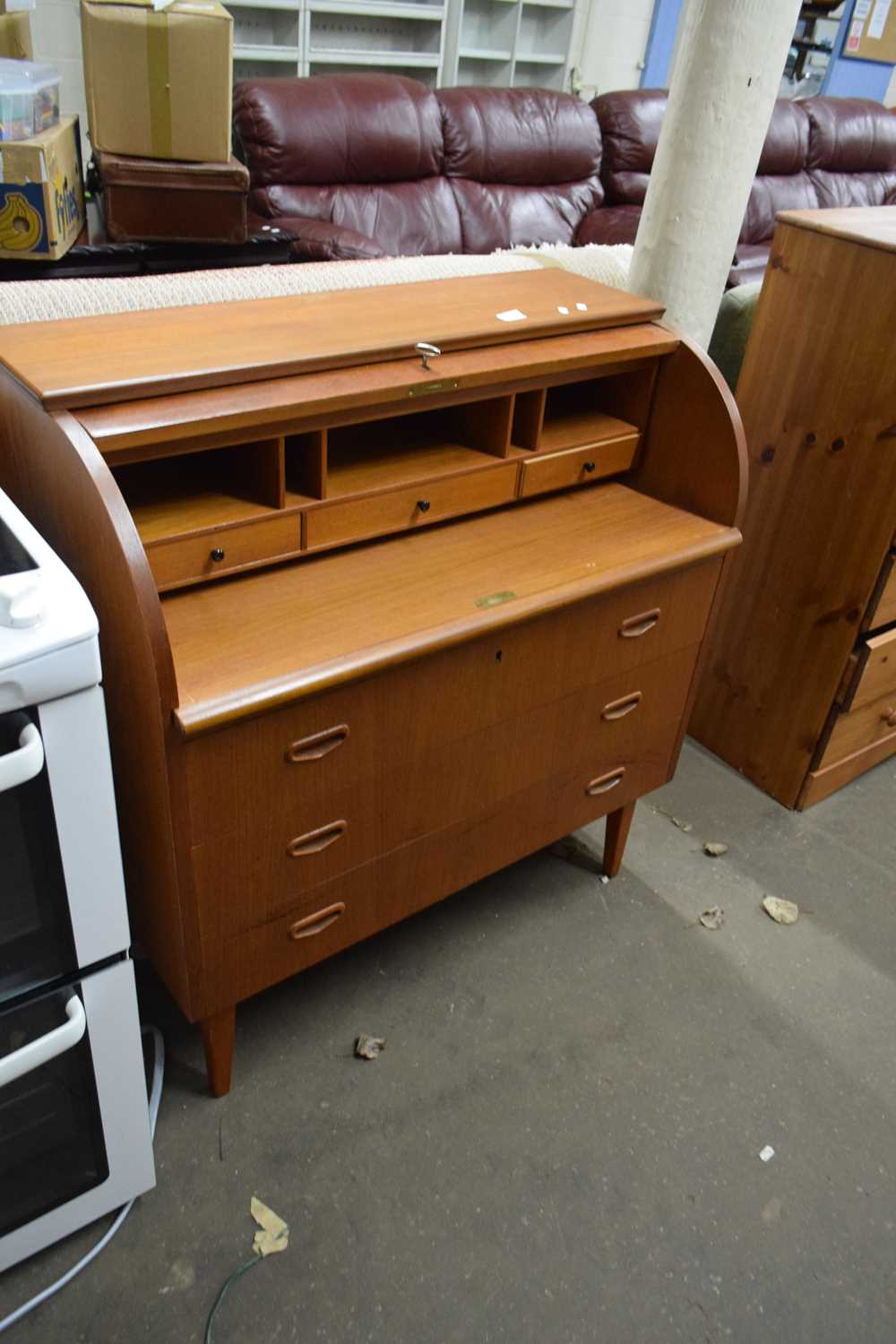 VINTAGE MID CENTURY TEAK ROLL FRONT BUREAU