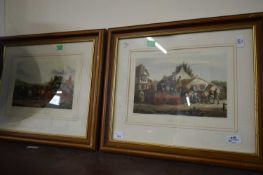 FORES COACHING RECOLLECTIONS, TWO COLOURED ENGRAVINGS, FRAMED