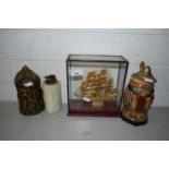 MIXED LOT: A METAL MODEL OF A TALL SHIP SET IN GLASS CASE, A BEER STEIN, TABLE LIGHTER AND A NOVELTY