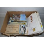 BOX CONTAINING VARIOUS POSTCARDS, FIRST DAY COVERS AND OTHER ITEMS