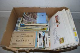 BOX CONTAINING VARIOUS POSTCARDS, FIRST DAY COVERS AND OTHER ITEMS