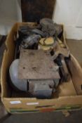 BOX VARIOUS MIXED ITEMS, ELECTRIC MOTOR, DRILL STAND ETC