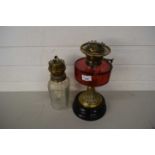OIL LAMP WITH CRANBERRY GLASS FONT AND ONE OTHER (2)