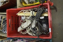 BOX OF VARIOUS EXTENSION CABLES, ELECTRIC DRILL, WORKSHOP LAMP ETC