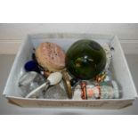 BOX OF VARIOUS MIXED WARES, PERFUME BOTTLES, GLASS FISHING FLOAT ETC