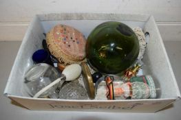 BOX OF VARIOUS MIXED WARES, PERFUME BOTTLES, GLASS FISHING FLOAT ETC