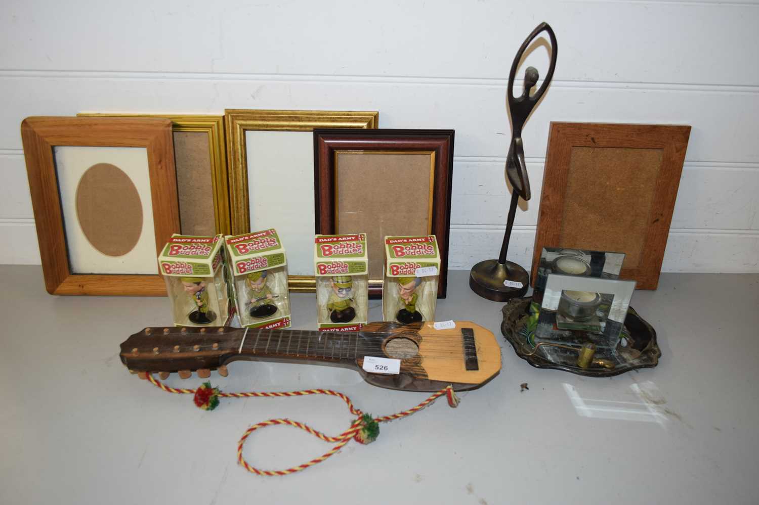 MIXED LOT: VARIOUS PICTURE FRAMES, BOBBLE BUDDIES DAD'S ARMY FIGURES, MINIATURE GUITAR ETC