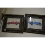 TWO PRINTS, BUGATTI AND FERRARI RACING CARS, F/G