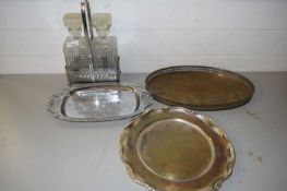 MIXED LOT: SILVER PLATED TRAYS AND DECANTER STAND