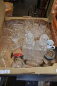 VARIOUS GLASS DECANTERS, DRINKING GLASSES ETC