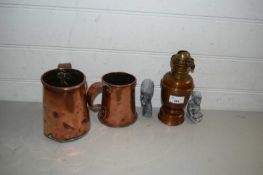 TWO COPPER TANKARDS AND A COPPER OIL LAMP TOGETHER WITH TWO CARVED AFRICAN FIGURES