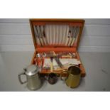 CASE OF SILVER PLATED CUTLERY TOGETHER WITH TWO METAL TANKARDS AND A FURTHER SMALL JUG