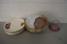 VARIOUS DECORATED PLATES, LIGHT SHADES ETC