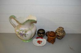 MIXED LOT: LARGE VIOLET DECORATED WASH JUG AND VARIOUS OTHER ITEMS