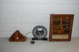 MIXED LOT COMPRISING A SMITHS ELECTRIC MANTEL CLOCK, PAIR OF BOOKENDS AND A SMALL MIRROR (4)