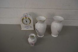 THREE AYNSLEY VASES AND AN AYNSLEY CLOCK