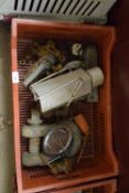 BOX OF VARIOUS TOOLS, LARGE TOW HITCH ETC