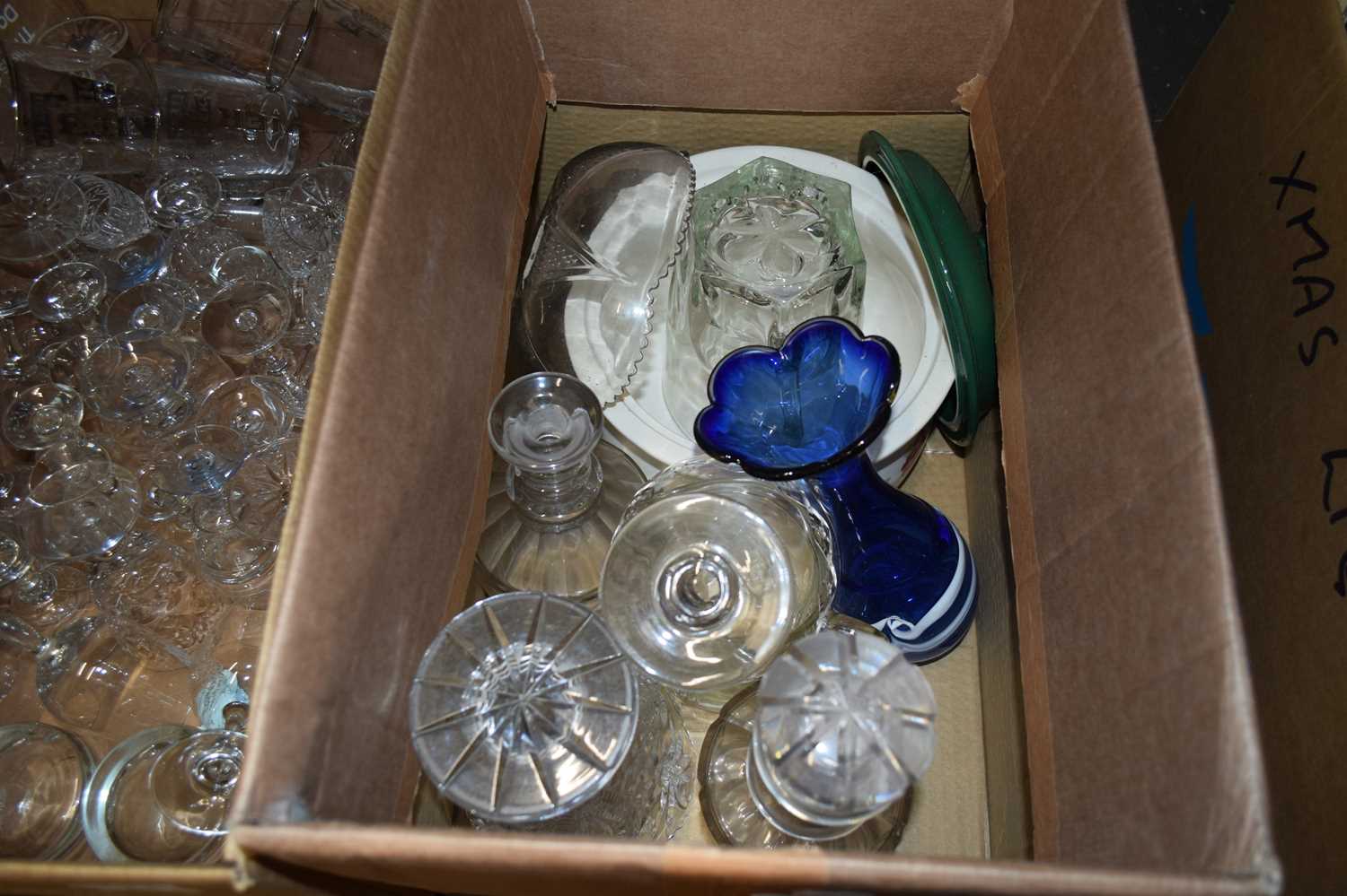 ONE BOX MIXED DECANTERS, GLASS VASES ETC