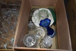 ONE BOX MIXED DECANTERS, GLASS VASES ETC