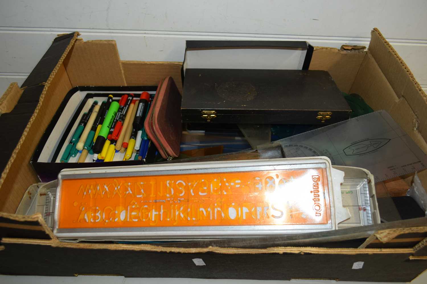 LARGE BOX VARIOUS DRAWING INSTRUMENTS AND OFFICE SUPPLIES