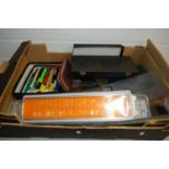 LARGE BOX VARIOUS DRAWING INSTRUMENTS AND OFFICE SUPPLIES