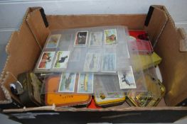 BOX VARIOUS TINS, CIGARETTE CARDS ETC