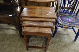 NEST OF FOUR HARDWOOD OCCASIONAL TABLES WITH INLAID DETAIL, 46CM WIDE