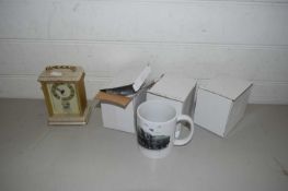 MIXED LOT MODERN MANTEL CLOCK, BOXED MUGS ETC