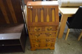 SMALL REPRODUCTION YEW WOOD VENEERED BUREAU WITH FOUR DRAWERS RAISED ON BRACKET FEET, 51CM WIDE