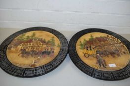PAIR OF BRETBY CIRCULAR WALL CHARGERS DECORATED WITH COACHING SCENES