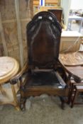 LATE 19TH/EARLY 20TH CENTURY GOTHIC STYLE THRONE CHAIR WITH LEATHER UPHOLSTERED SEAT AND BACK