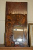 HARDWOOD AND INLAID WALL PLAQUE DECORATED WITH TWO BIRDS, TOGETHER WITH A POKERWORK PICTURE FRAME (