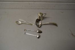 SMALL MIXED LOT VARIOUS PLATED CUTLERY, MINIATURE JUG ETC