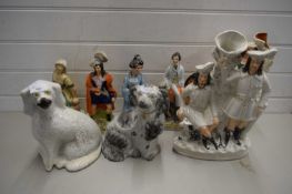 MIXED LOT SEVEN VARIOUS STAFFORDSHIRE DOGS AND FIGURES PLUS A FURTHER MODERN JAPANESE GEISHA GIRL