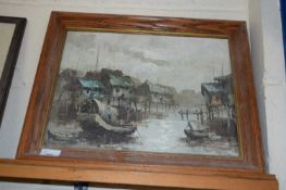 20TH CENTURY FAR EASTERN SCHOOL, STUDY OF A HARBOUR SCENE, OIL ON CANVAS, 47CM WIDE