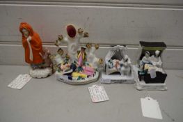 MIXED LOT TWO CHINA FAIRING MODELS, A SMALL STAFFORDSHIRE SPILL VASE AND A SMALL BISQUE FIGURE OF