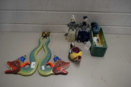 MIXED LOT MODERN DELFT FIGURAL SPIRIT DECANTERS, A SMALL FISH SHAPED JUG, WOODEN DRAGON WALL PLAQUES