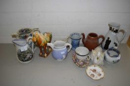 MIXED LOT VARIOUS VICTORIAN JUGS, A TREACLE GLAZED TANG TYPE HORSE AND OTHER ITEMS