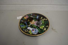 MODERN CHINESE CLOISONNE PLATE DECORATED WITH BIRDS TOGETHER WITH TWO FURTHER MODERN CLOISONNE