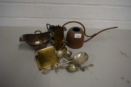 SMALL COPPER WATERING CAN, VARIOUS CUTLERY, METAL CIGARETTE DISPENSER ETC