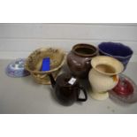 PURPLE GLAZED JARDINIERE, TEA POT, VASES AND OTHER CERAMICS AND GLASS WARES