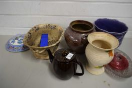 PURPLE GLAZED JARDINIERE, TEA POT, VASES AND OTHER CERAMICS AND GLASS WARES