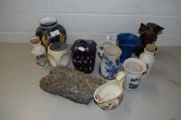MIXED LOT VARIOUS WARES TO INCLUDE DECORATED JUGS, VASES, FOOLS GOLD MINERAL SAMPLE, HARDWOOD FIGURE