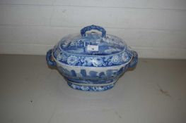 VICTORIAN BLUE AND WHITE IRONSTONE SOUP TUREEN DECORATED WITH A PASTORAL SCENE