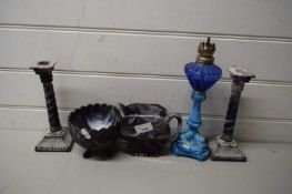 MIXED LOT VARIOUS SLAG GLASS WARES COMPRISING A SMALL OIL LAMP WITH DOLPHIN BASE, PAIR OF