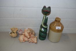 MIXED LOT TO INCLUDE A BURY ST EDMUNDS STONEWARE FLAGON, MODEL PIGS, MODEL SNAKE ETC