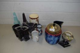 MIXED LOT VARIOUS SLAG GLASS WARES TO INCLUDE OBELISKS, CERAMIC BISCUIT BARREL ETC