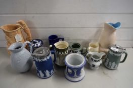 MIXED LOT VARIOUS CERAMICS TO INCLUDE JASPERWARE, TOBACCO JARS, JUGS, WETHERBY EARLY 20TH CENTURY